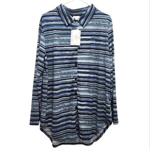 NWT LuLaRoe Valentina Long Sleeve Button Up Blue Gray Paintbrush Strokes Size L